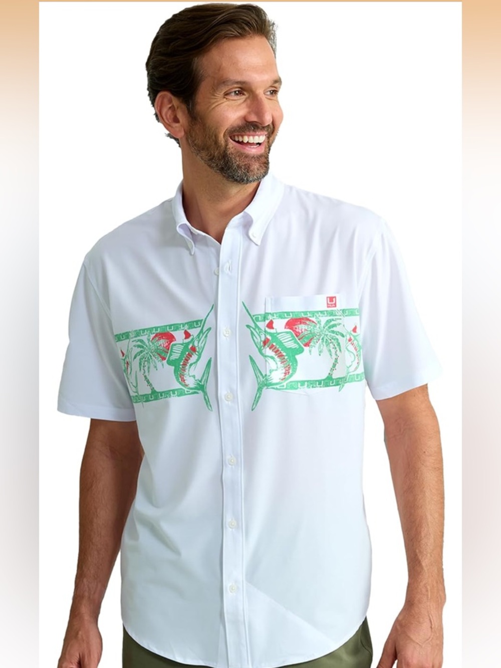 HUK Kona Palm Tree and Swordfish Button-Up Lightweight SPF Shirt . Size Medium